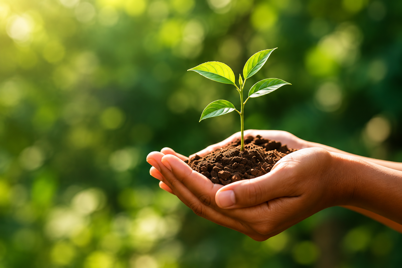 Hands gently holding a growing green seedling