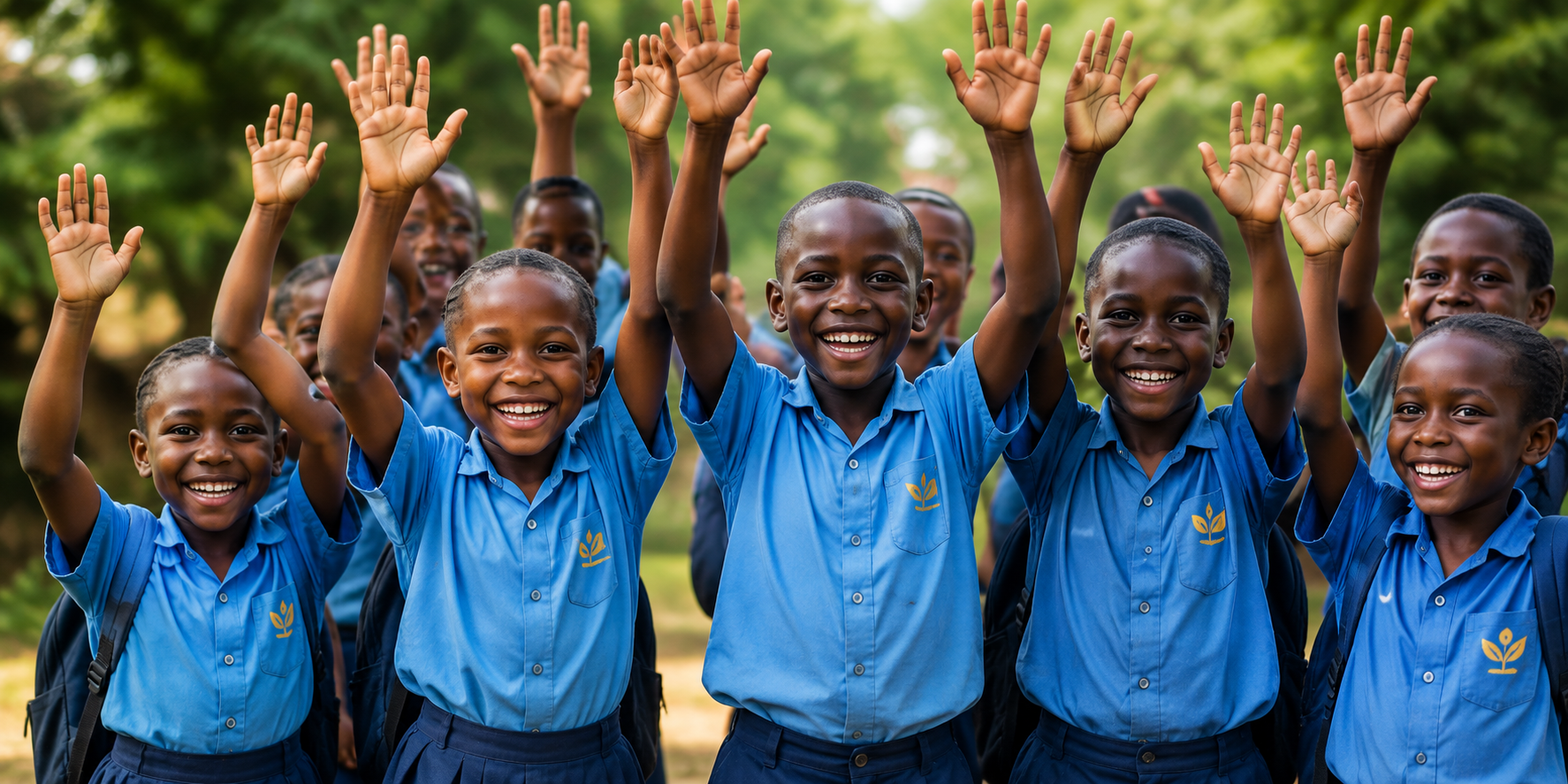 Children raising hands happily